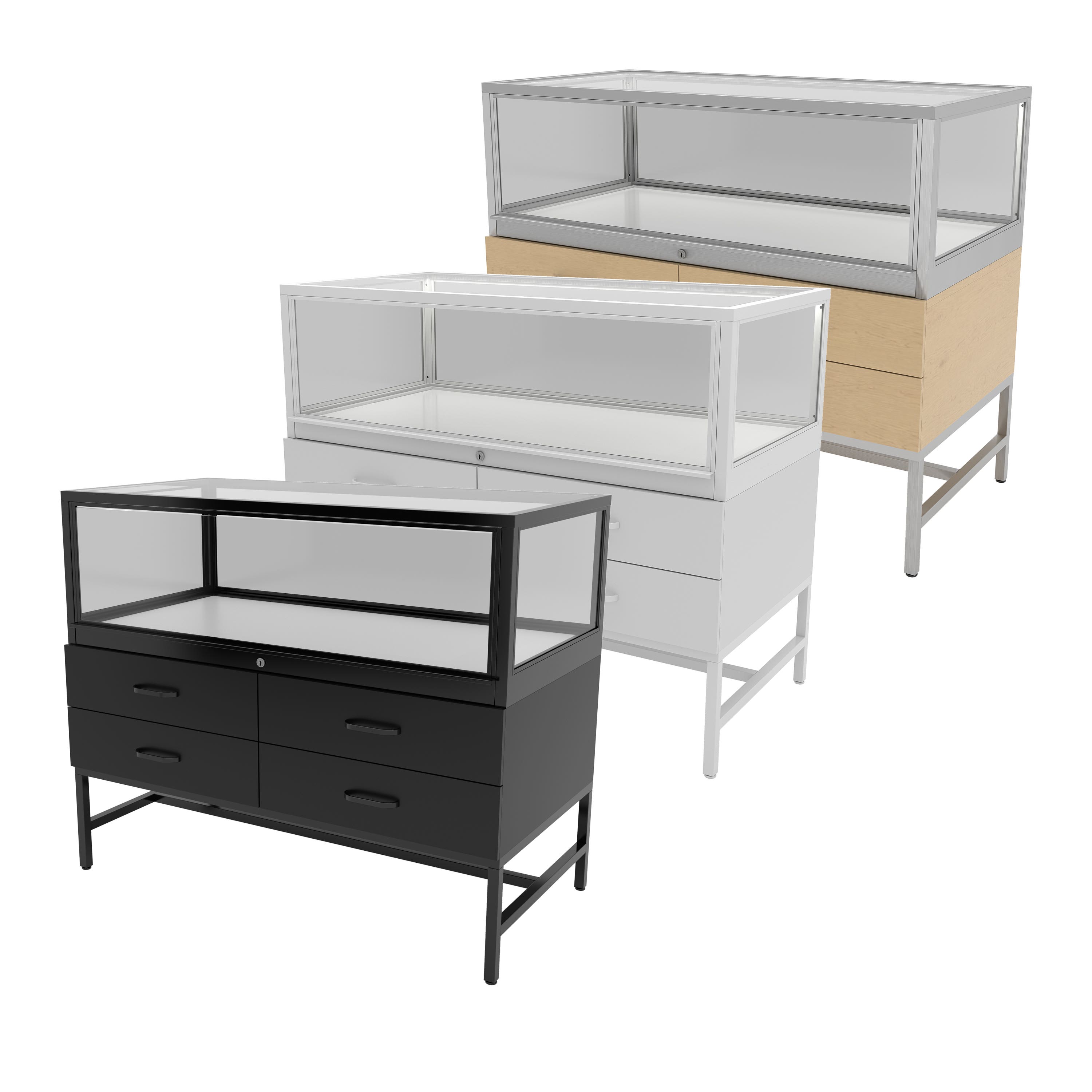 Display case outlet with drawers