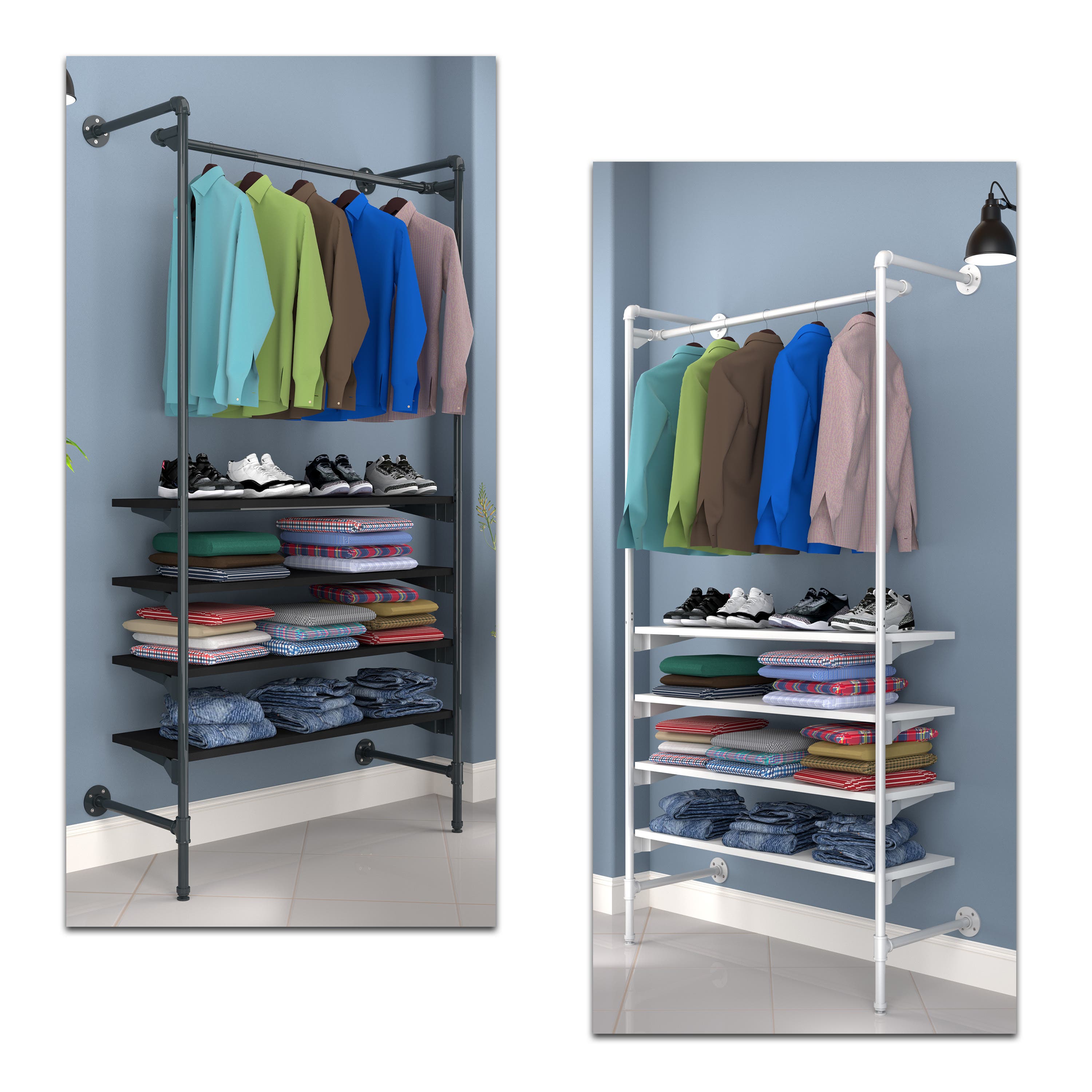 Wooden shelf with clearance hanging rail